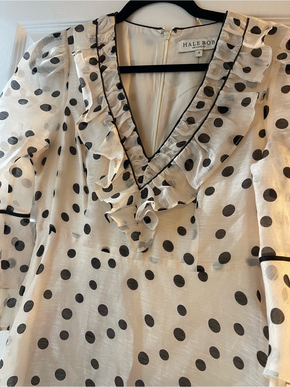 HALE BOB Aiyana Organza Maxi Dress Cream Polka Dot Ruffle with Black Trim Size S - Picture 11 of 12